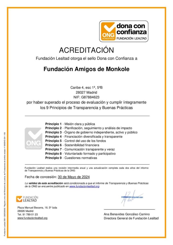 “La Fundación Amigos de Monkole solicitó de forma voluntaria la acreditación, proceso que ha concluido con la concesión del Sello Dona con confianza. Se analizan 36 indicadores relacionados con la gestión, gobernanza, situación económica, comunicación, voluntariado y cuestiones normativas de la ONG. También se examina el uso eficaz de los recursos para poder colaborar con confianza y realizar una donación eficaz.”, explica Ana Benavides, directora general de Fundación Lealtad.