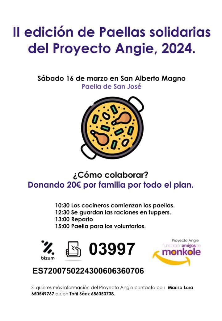 La jornada comenzará a las 10:30 de la mañana cocinando, gracias a la colaboración de varios maestros paelleros. Cuando acaben las paellas serán envasadas en tuppers, y después las familias voluntarias repartirán las raciones por casas, parroquias e instituciones.